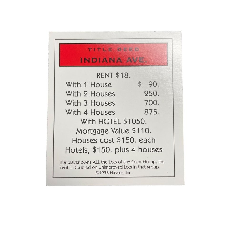 Monopoly Classic Indiana Ave Property Title Deed Card Replacement u